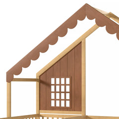 Close-up of the decorative window and scalloped roof trim on a wooden house bed