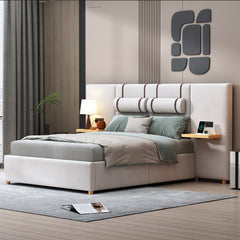 Bellemave® Upholstered Platform Bed with Two Outlets and USB Charging Ports on Both Sides, Two Bedside Pillows