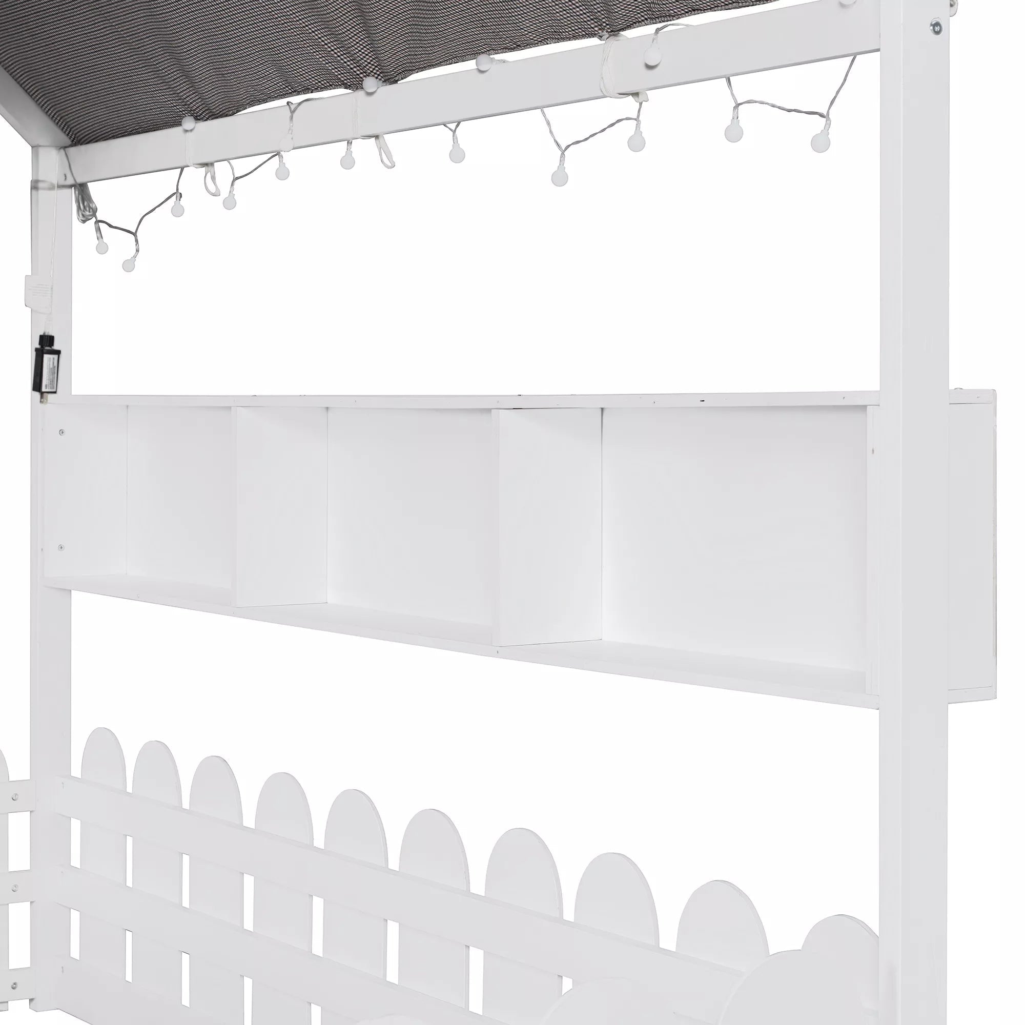Bellemave® Montessori House Floor Bed for Kids with Fence Railings, Tent & Lights, Wooden Kids Floor Bed Frame with 3 Storage Shelves, Low Profile Bed for Boys & Girls (Slats Not Included) Bellemave®
