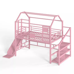 House loft bed with storage shelves and multifunctional kids bedroom design