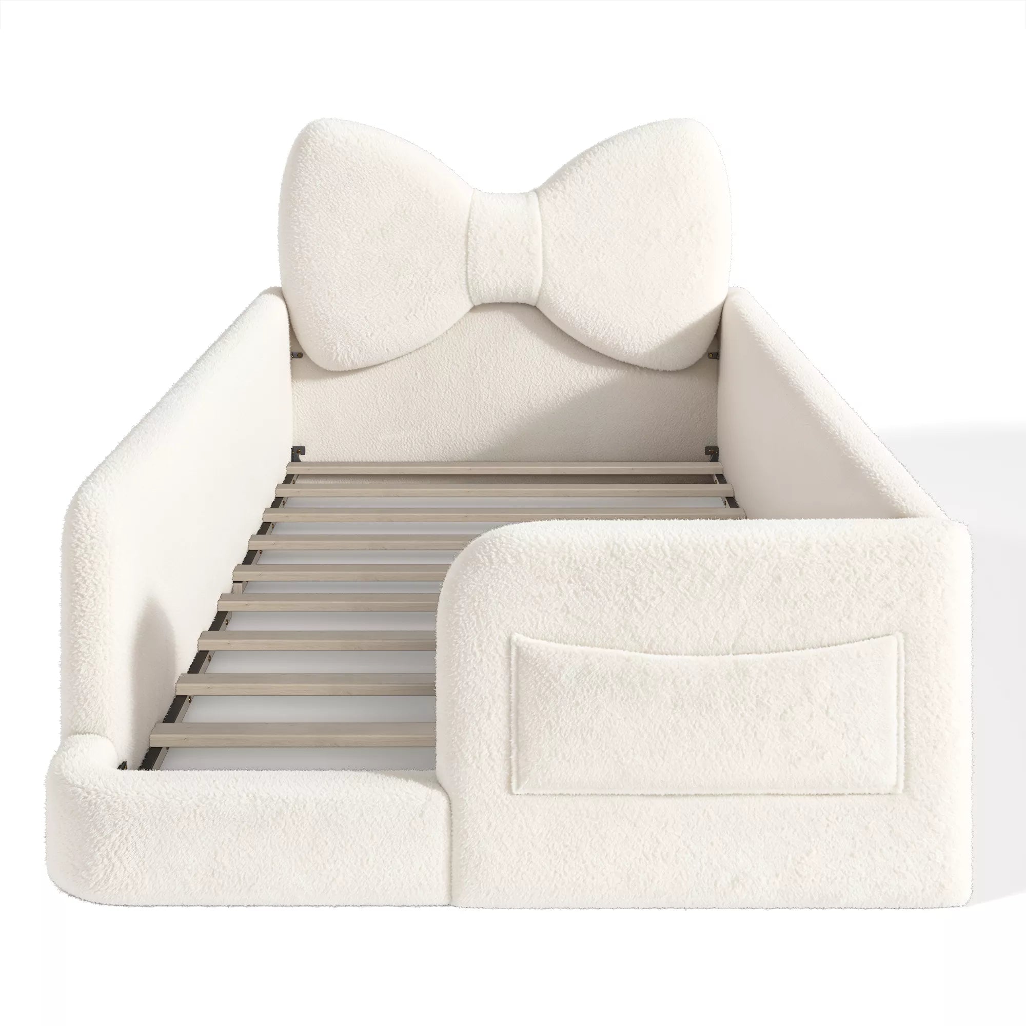 kids platform bed with upholstered side rails and storage pockets