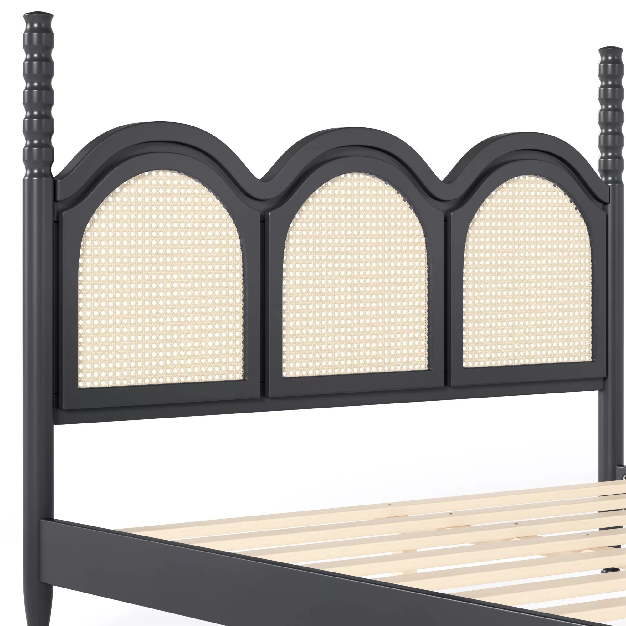 close up view of arched woven headboard texture on queen bed