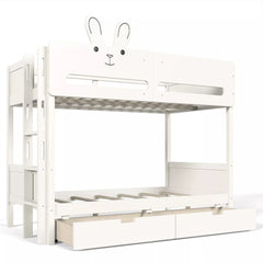 White kids bunk bed showing the upper guardrails, ladder and lower storage drawer