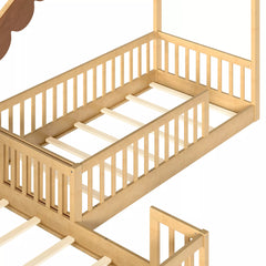 Close-up of the wooden slat mattress support and guardrails on the house floor bed