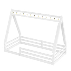 Bellemave® Full Size House Loft Bed with Tents and Sills, Solid Wood Loft Bed with Slide and LED Lights, Kids Loft Bed Frame