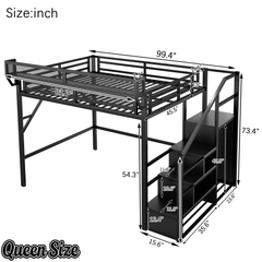 Bellemave® Queen Size Loft Bed with Stairs and Storage, Metal Loft Bed Frame with Bedside Shelf & Large Under-Bed Space, Heavy-Duty Beds for Adults Teens and Kids, Black Bellemave®