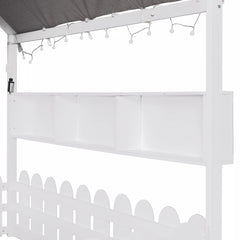 Bellemave® Montessori House Floor Bed for Kids with Fence Railings, Tent & Lights, Wooden Kids Floor Bed Frame with 3 Storage Shelves, Low Profile Bed for Boys & Girls (Slats Not Included) Bellemave®
