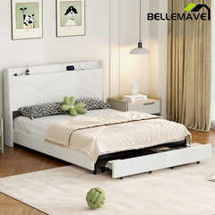 Bellemave® Queen Size Upholstered Platform Bed with Storage Headboard, LED, USB Charging and 2 Drawers