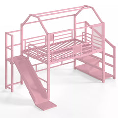 Metal kids loft bed with slide stairs and playhouse sleeping space