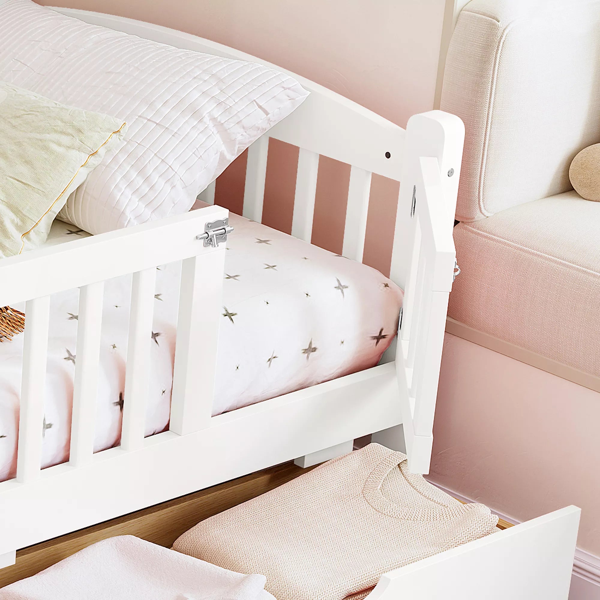 children's bed with guardrails and cute headboard design