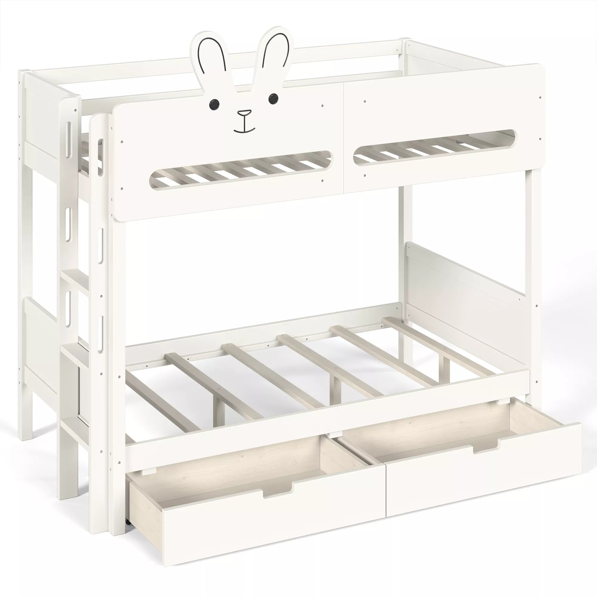 White rabbit headboard bunk bed with visible ladder, support slats and two bottom drawers