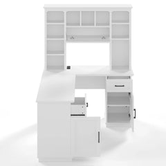 Angled view of the white desk showing the work surface and drawer storage