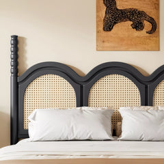 queen size platform bed with stylish woven headboard in bedroom