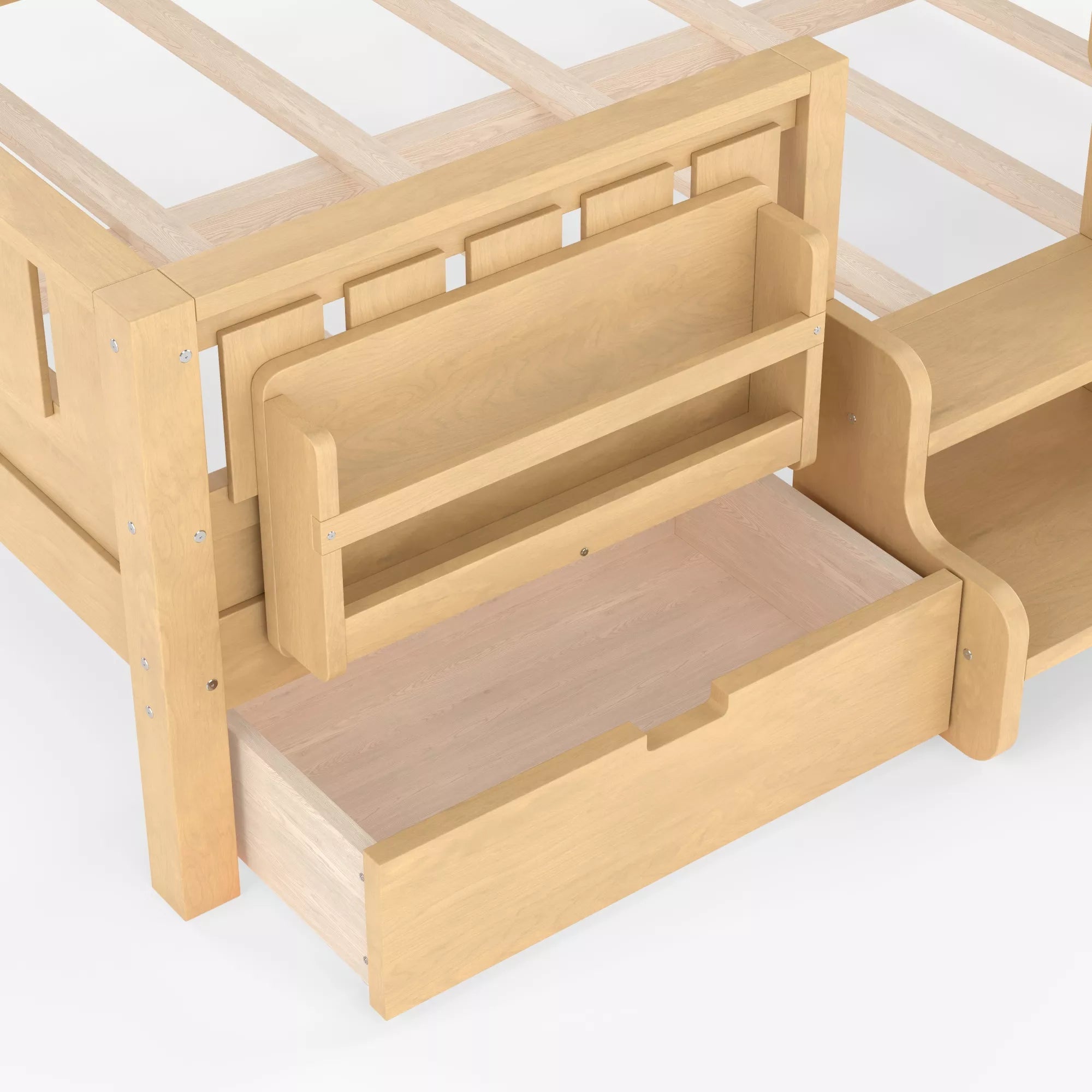 Bellemave® Kids Twin Size Montessori Bed Frame with Built-in Storage Shelves and Drawers, Floor Bed with Staircase and Full-Length High Rails,for Boys, Girls, Wood,Easy Assemble Bellemave®