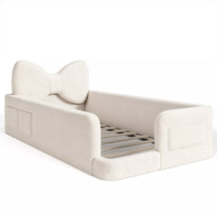 children low floor upholstered platform bed with bow headboard