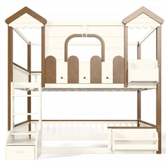 Bellemave® Full Over Full Wooden House Shaped Bunk Bed with Roof, Bookshelves and Storage Drawer — Converts Into Two Full Beds Bellemave®