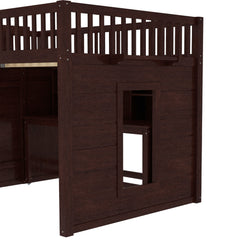 Bellemave® Full Size Low Loft Bed with Movable Desk & Storage Shelves, Kids Full Loft Bed Frame with Storage Stairs & Hanger, Espresso