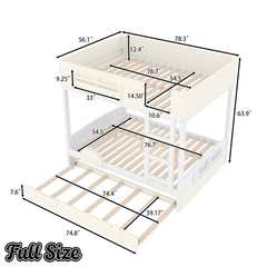 Bellemave® Automobile Form Design for Kids ,Queen Bunk Beds with Trundle , Wooden Bunk Bed with Built-in Bookshelf & High-quality Safety Guardrail,White＆ Beige
