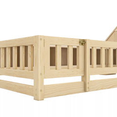 Bellemave® Twin Size Wood Floor Bed with Guardrail, House-Shaped Headboard, Storage Cabinets, LED Light & USB Port, Montessori Kids Bed Frame