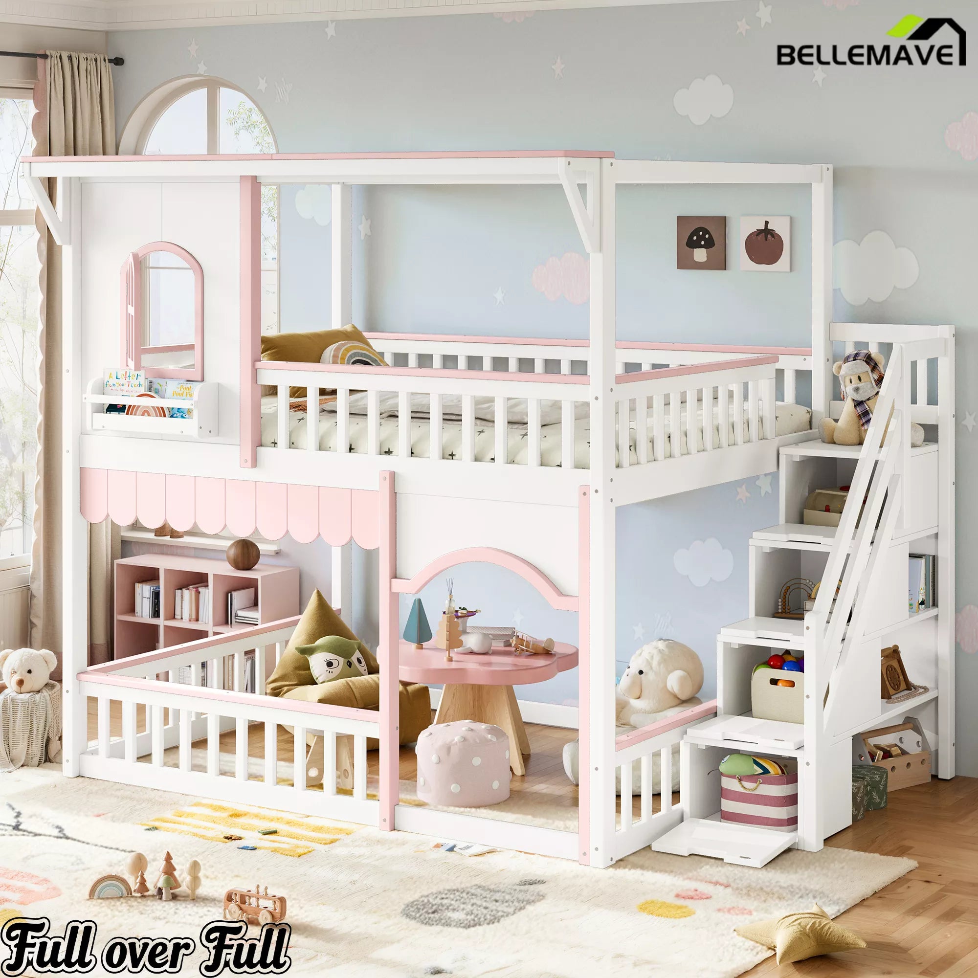pink full over full house bunk bed with storage stairs