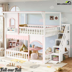 pink full over full house bunk bed with storage stairs