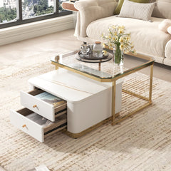 Bellemave® Modern 2 Pieces Square Nesting Coffee Table with Drawers & Electroplated Gold Legs