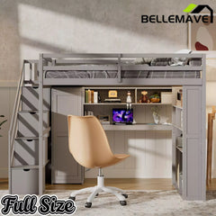 Bellemave® Full Size Loft Bed Built-in Wardrobe, Study Desk, Storage Shelves & LED Lights, Wood Loft Bed Frame for Bedroom Bellemave®