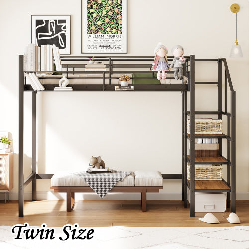 Bellemave® Metal Loft Bed with Upper Grid Storage Shelf and Lateral Storage Ladder