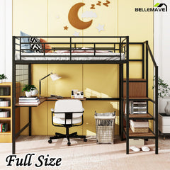 Bellemave® Metal Loft Bed with Desk and Metal Grid, Lateral Storage Ladder and Wardrobe