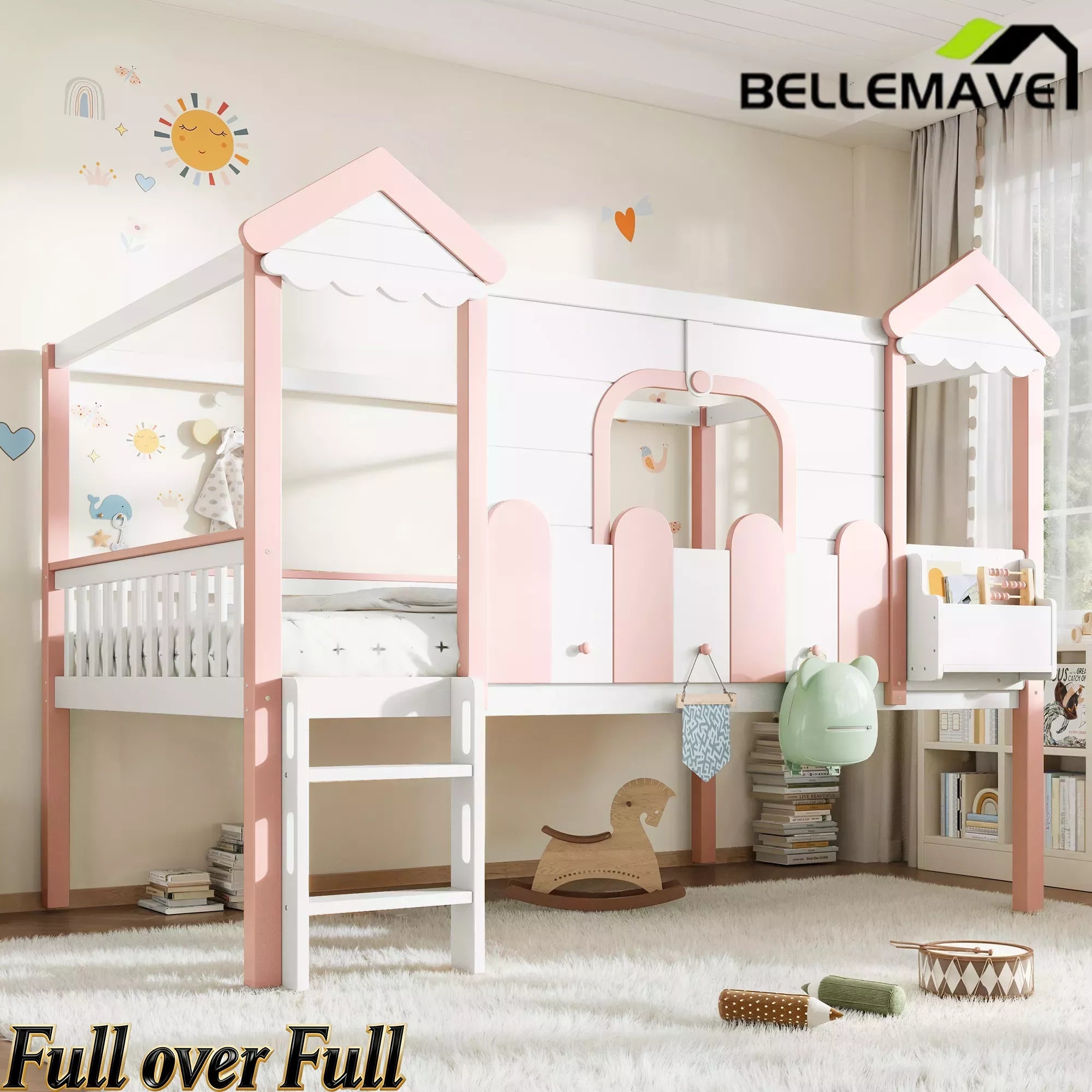 Bellemave® Full Over Full Wooden House Shaped Bunk Bed with Roof, Bookshelves and Storage Drawer — Converts Into Two Full Beds Bellemave®