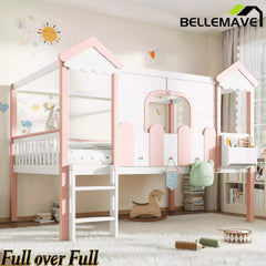 Bellemave® Full Over Full Wooden House Shaped Bunk Bed with Roof, Bookshelves and Storage Drawer — Converts Into Two Full Beds Bellemave®