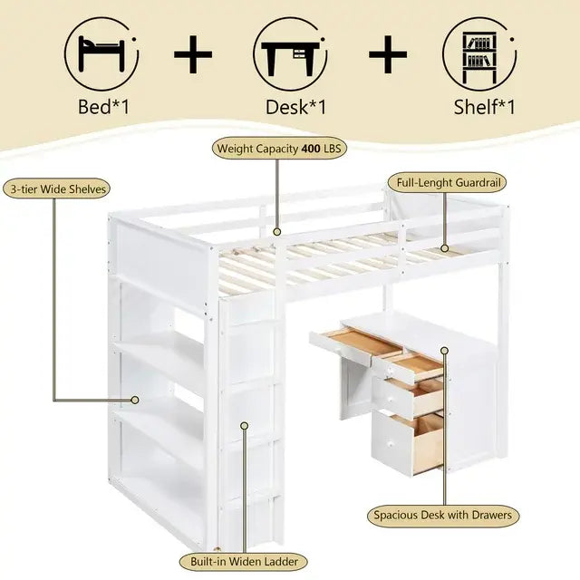 Bellemave® Loft Bed with Ladder,Shelves and Desk Bellemave®