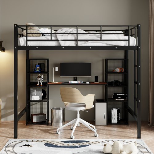 Bellemave® Full Size Metal Loft Bed with Built-in Desk and Shelves