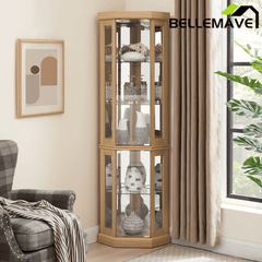 Bellemave® Corner Curio Cabinet with Tempered Glass Doors and Adjustable Shelves, Wine Bar China Cabinet for Living Room Liquor Storage Bellemave®