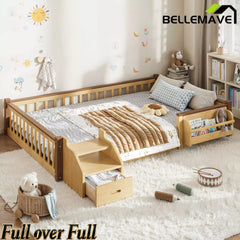 Bellemave® Full Over Full Wooden House Shaped Bunk Bed with Roof, Bookshelves and Storage Drawer — Converts Into Two Full Beds Bellemave®