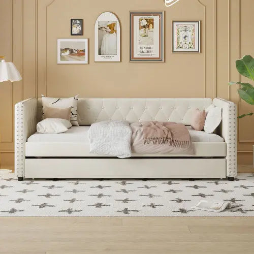 Bellemave® Twin Size Tufted Upholstered Daybed with Trundle Bed Bellemave®