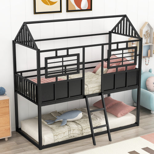 Bellemave Twin Size Metal Low House Bunk Bed with Roof and Fence-shaped Guardrail