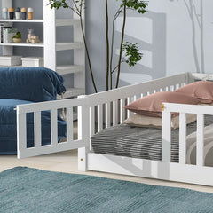 Bellemave® Queen Size Montessori Floor Bed with Fence Guardrails and Door