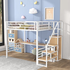 Bellemave® Full Size Metal Loft Bed with Desk, Storage Stairs and Small Wardrobe