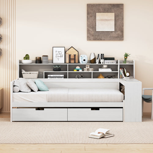 Bellemave® Twin Size Daybed with Storage Shelves， Two Storage Drawers and Study Desk