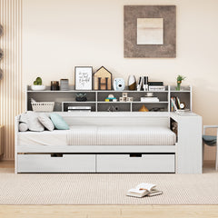 Bellemave® Twin Size Daybed with Storage Shelves， Two Storage Drawers and Study Desk