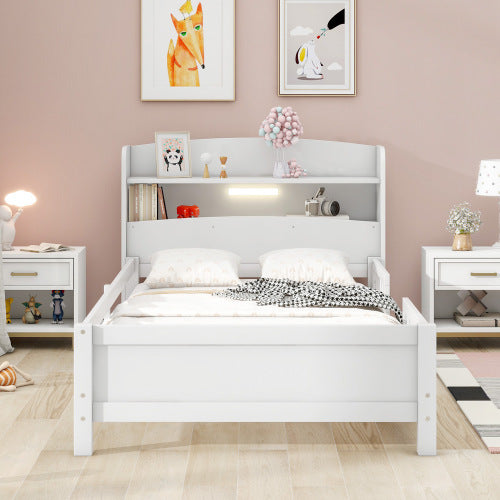 Bellemave® Wood Platform Bed with Built-in LED Light, Storage Headboard and Guardrail