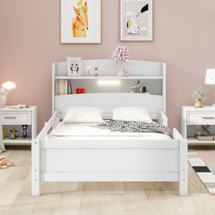 Bellemave® Wood Platform Bed with Built-in LED Light, Storage Headboard and Guardrail