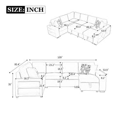 Bellemave® 109" U-shaped Sectional Sofa Pull-out Sofa Bed with Two USB Ports, a Storage Chaise Lounge and Four Back Pillows