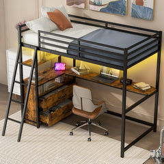 Bellemave® Twin Size Metal&Wood Loft Bed with Desk and Shelves, Two Built-in Drawers, LED Light and USB Charging Station