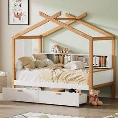 Bellemave® Wooden House Bed Original Wood Color Frame with Two Drawers and Bookshelf Storage Space