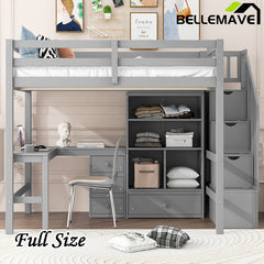 Bellemave® High Loft Bed with L-Shaped Desk and Drawers, Cabinet and Storage Staircase