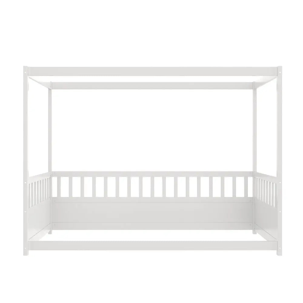 Bellemave® Twin Size Canopy Bed Frame with 4 Posters and Guardrails, Twin Size Montessori Floor Bed with High Fence Bellemave®