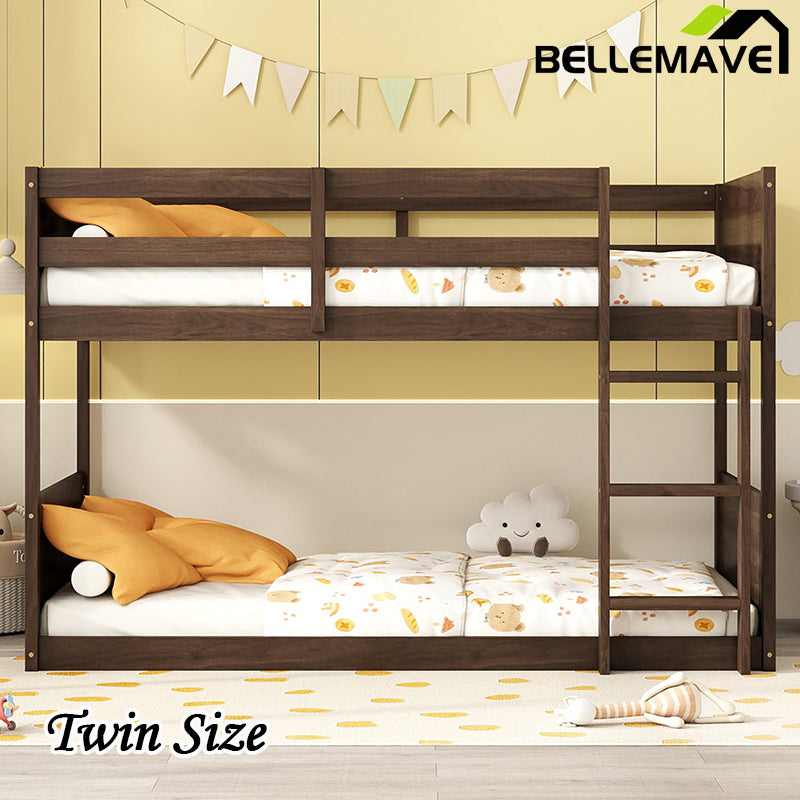 Bellemave® Twin Size Solid Rubber Wood Floor Bunk Bed with Panelled Headboard and Footboard,&nbsp; Safety Guardrails and Built-in ladder