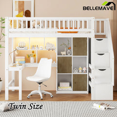 Bellemave® Twin Size Wood Loft Bed with Built-in Desk, LED, Storage Shelves, Cabinets and Staircase
